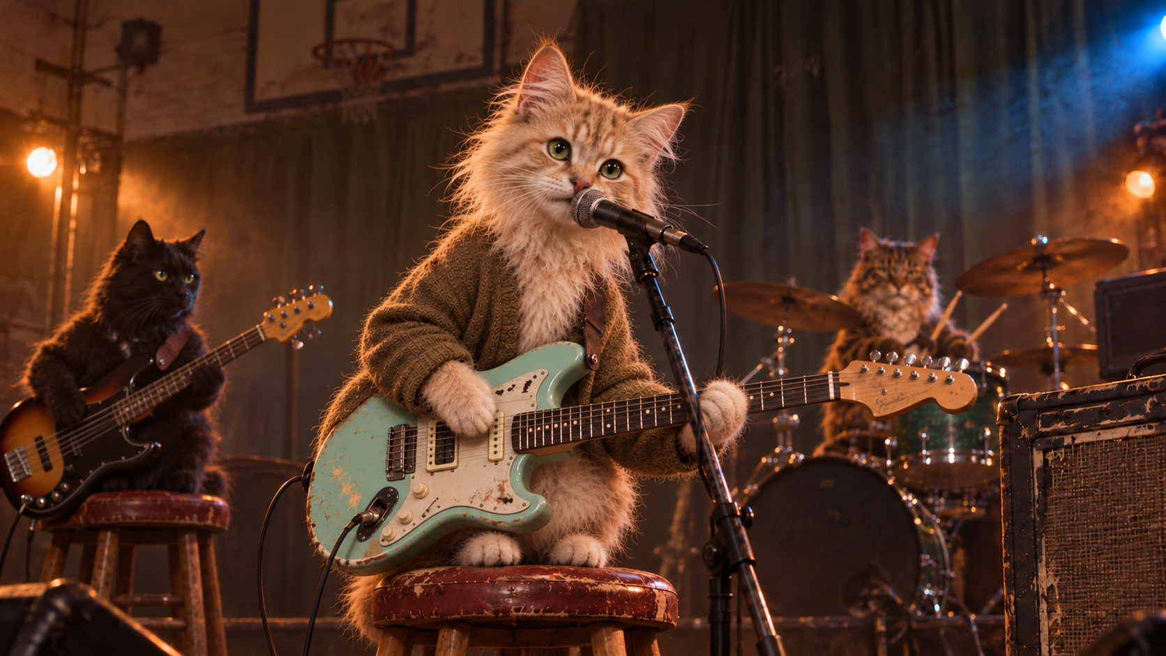 Young cream-and-ginger Kurt Cat on a stool with an electric guitar, with a feline bassist and drummer